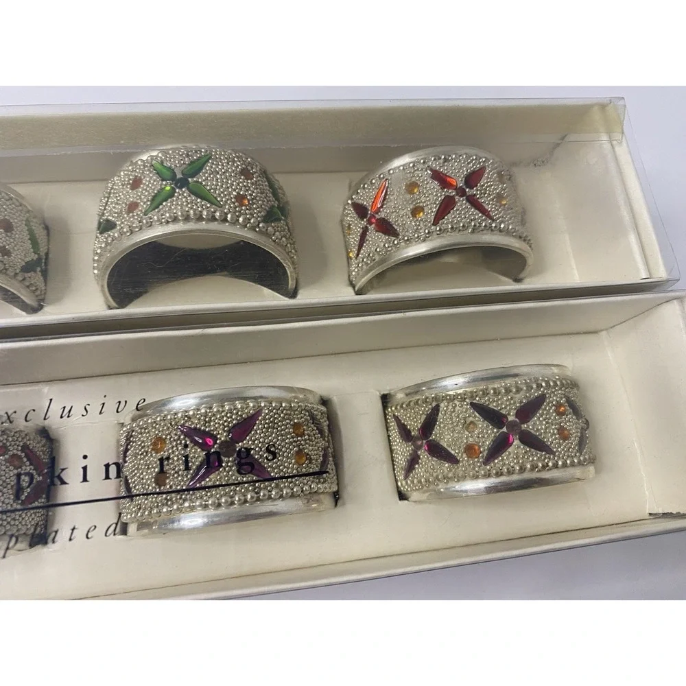 Pier 1 Jeweled Napkin Rings 2 Boxes 8 Rings Total Silver Plated Kitchen Decor